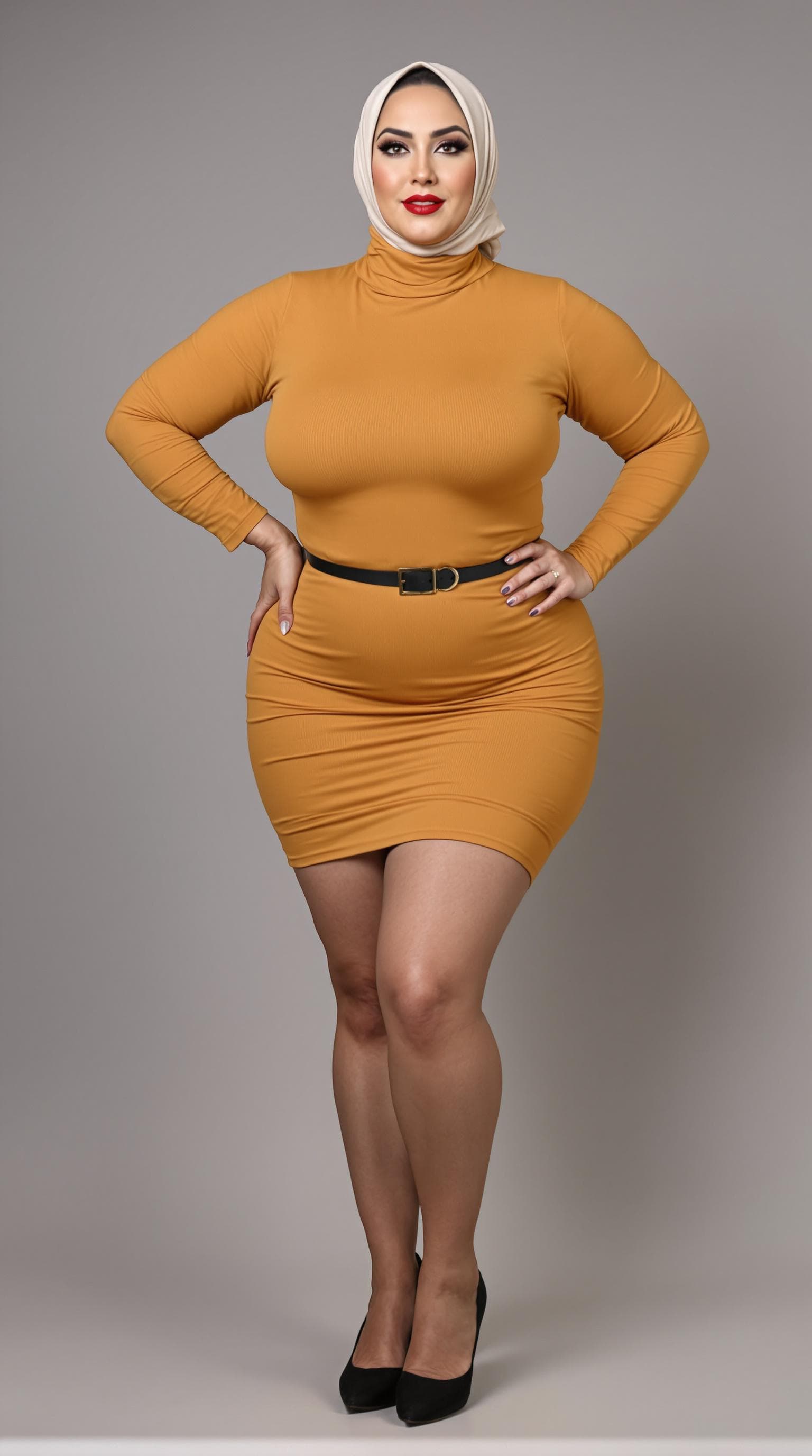 AI generated: A mature celtic woman in her 40s, ((((voluptuous)))))), (fully cover hijab), in studio(solid black b...