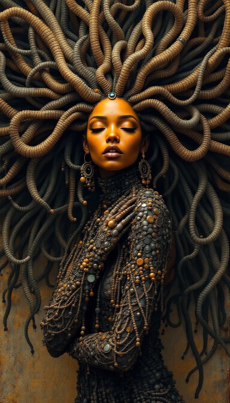 AI generated: Baroque Style, dreamlike hyperdetailed grunge art fantasy illustration featuring a tribal female aut...