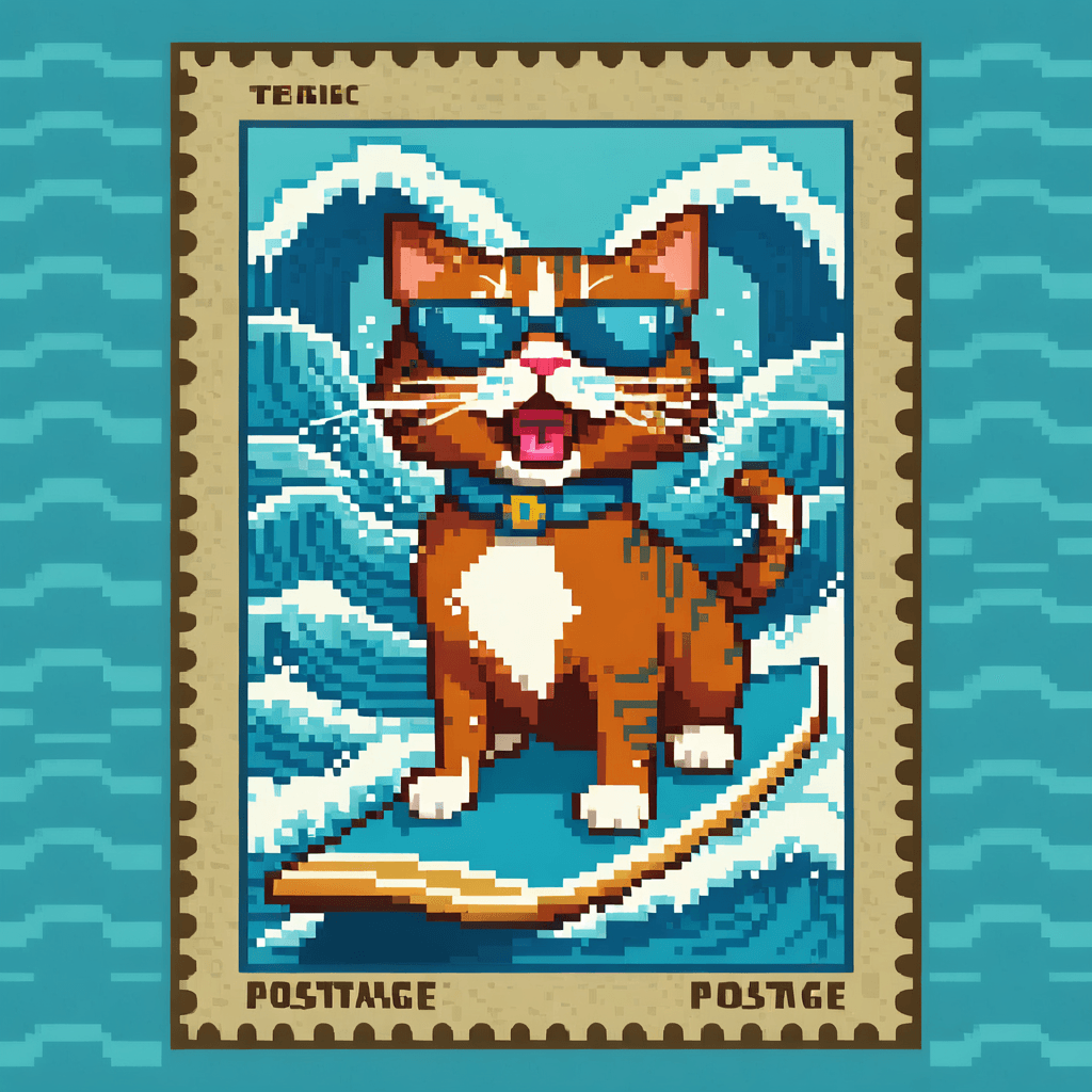 AI generated: cat surfing on a surfboard, high waves, cat wearing sunglasses, cat has mouth open (((facing viewer)...