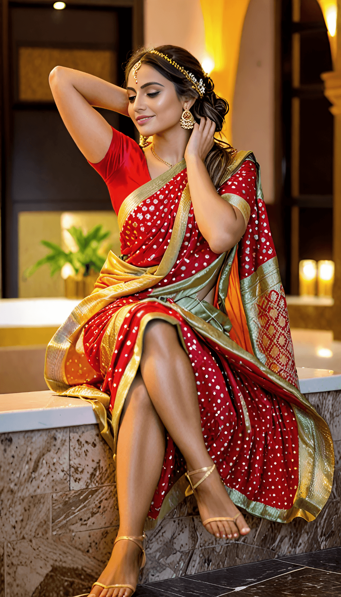 AI generated: An image of a woman seated elegantly on a ledge, wearing a traditional red and gold polka-dotted sar...
