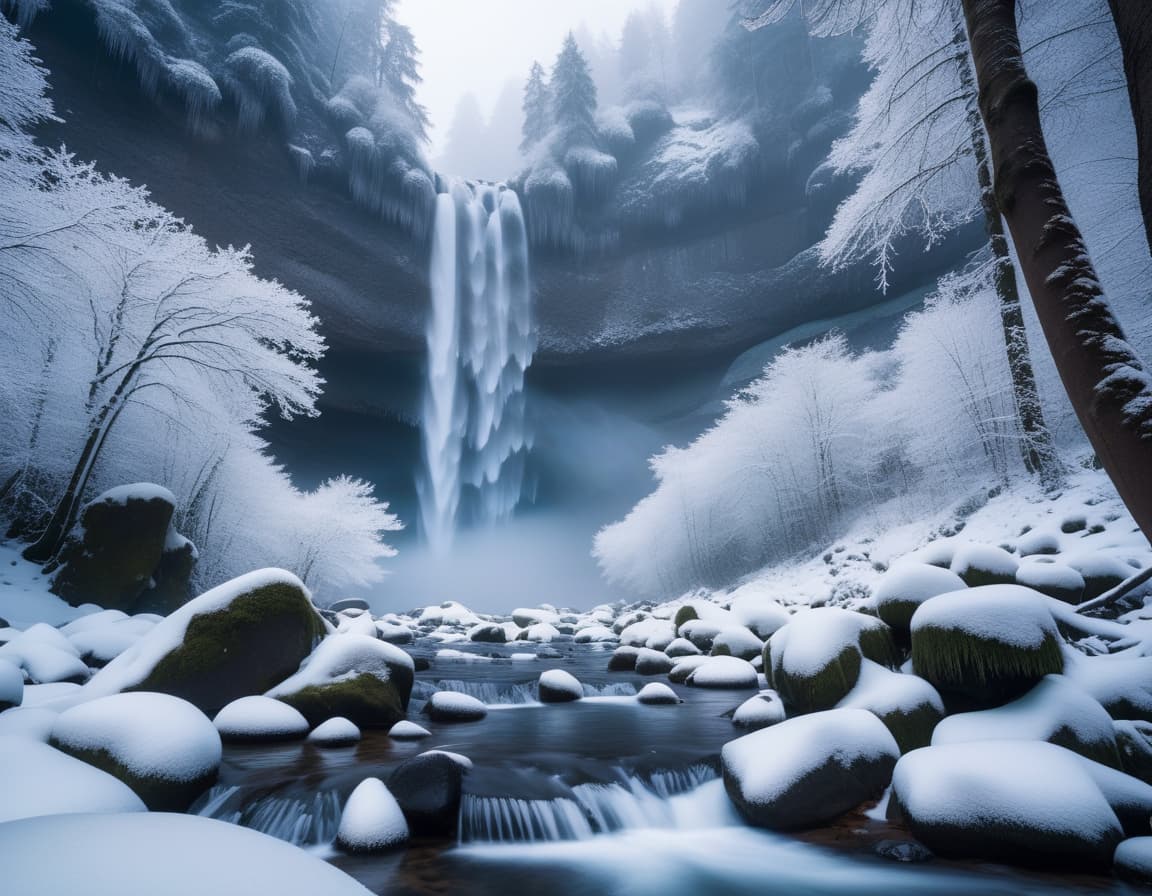 AI generated: RAW photo of a secluded-waterfall, frozen forest, snow, cold, misty, foggy, early morning, (Instagra...