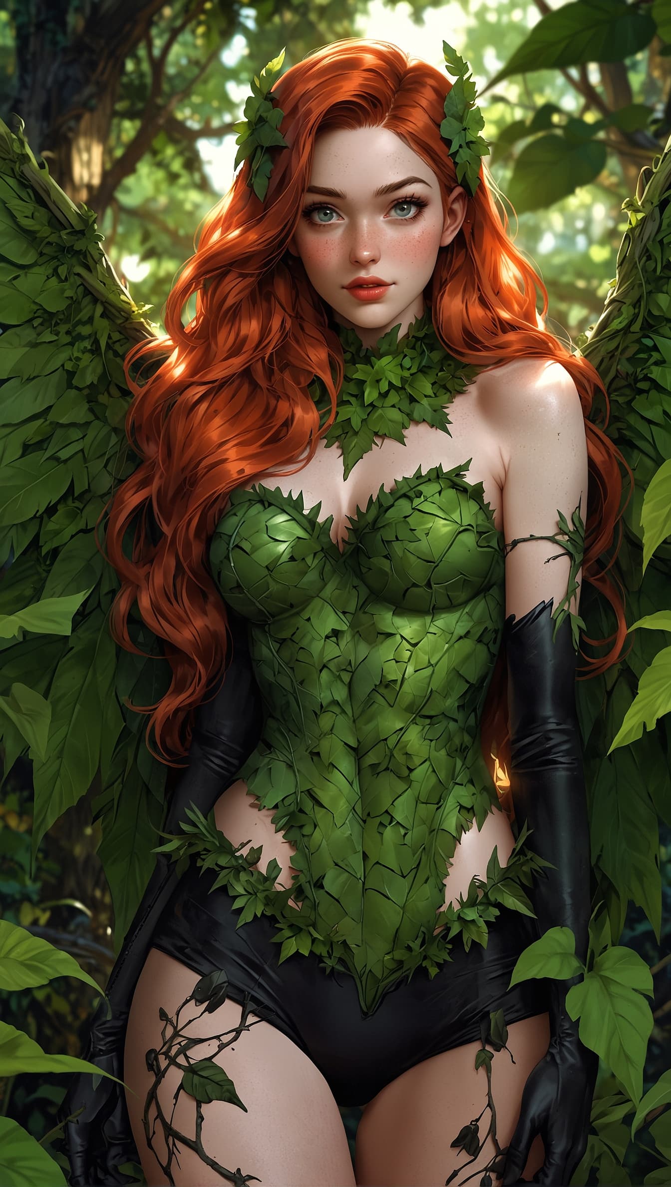AI generated: ultra detailed photo shot of a woman (Jia Lissa) dressed as Poison Ivy, with wings made of ((grassy-...
