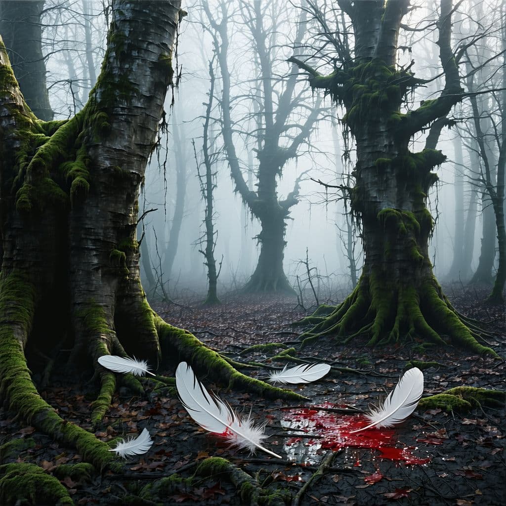AI generated: A foggy, mysterious forest clearing in ancient Britain, gnarled leafless trees with moss-covered tru...