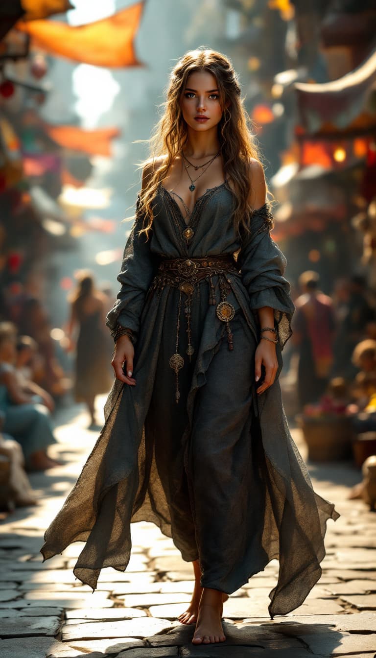 AI generated: Full body view of A mysterious beautiful girl standing in a crowded medieval marketplace, detailed a...