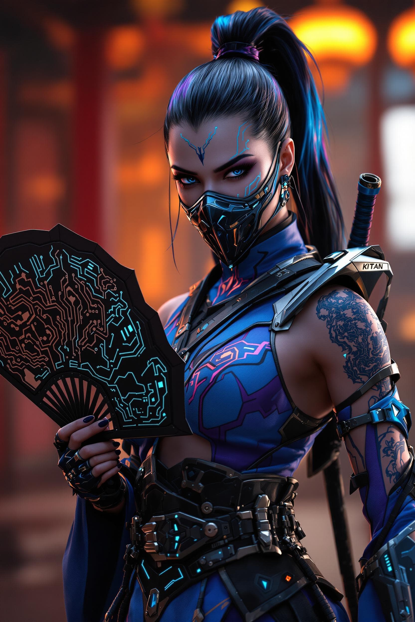 AI generated: Ultra-realistic cyberpunk Kitana, Mortal Kombat character, in an intricate blue warrior suit with pu...