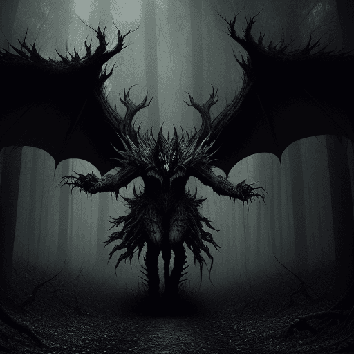 AI generated: The demon treads through the dark forest, towering over it, spreading its wings black metal style 