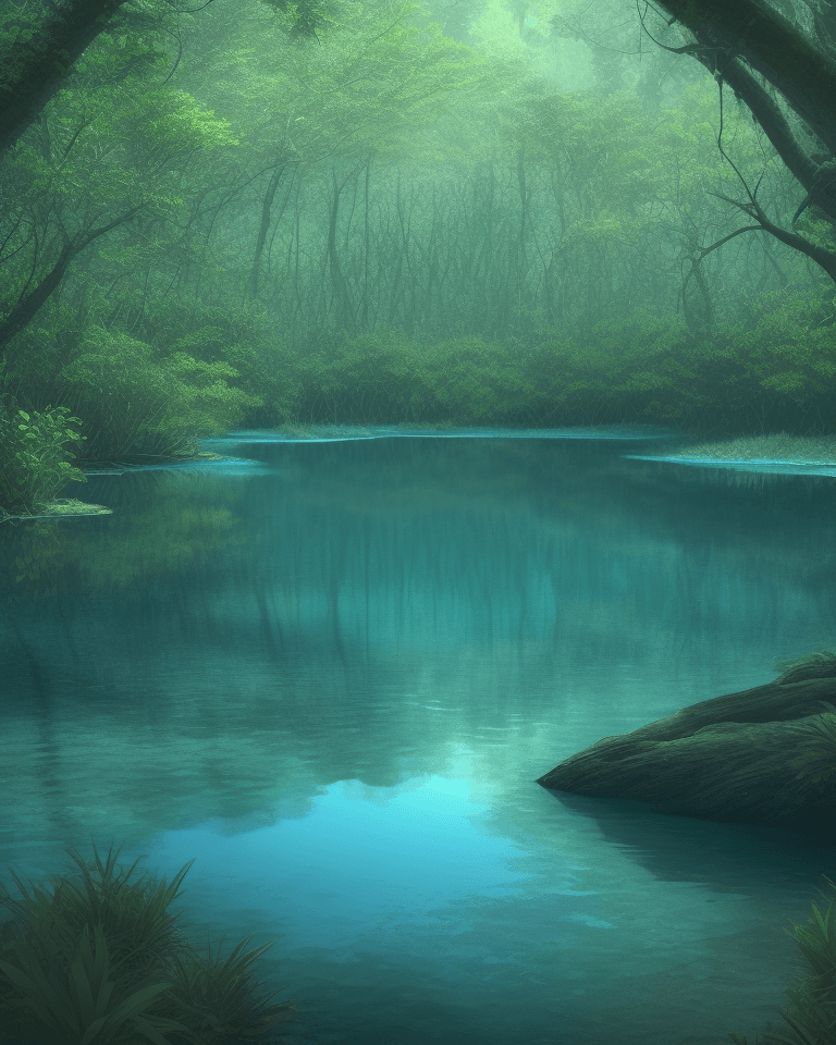 AI generated: High resolution hyper realistic photo of a lagoon with clean and fresh water around an abundant fore...