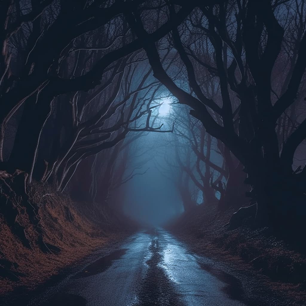 AI generated:  A dirt road in the middle of huge dead trees on a thick foggy night, illuminated by the moonlight, ...