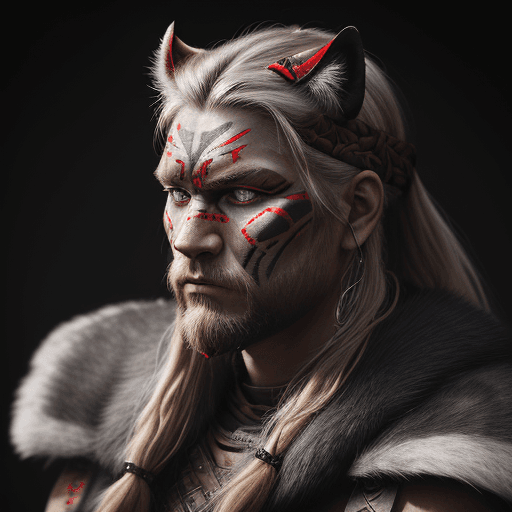 AI generated: hyperrealistic style, portrait photo of a Viking warrior chief, tribal panther make up, red on black...