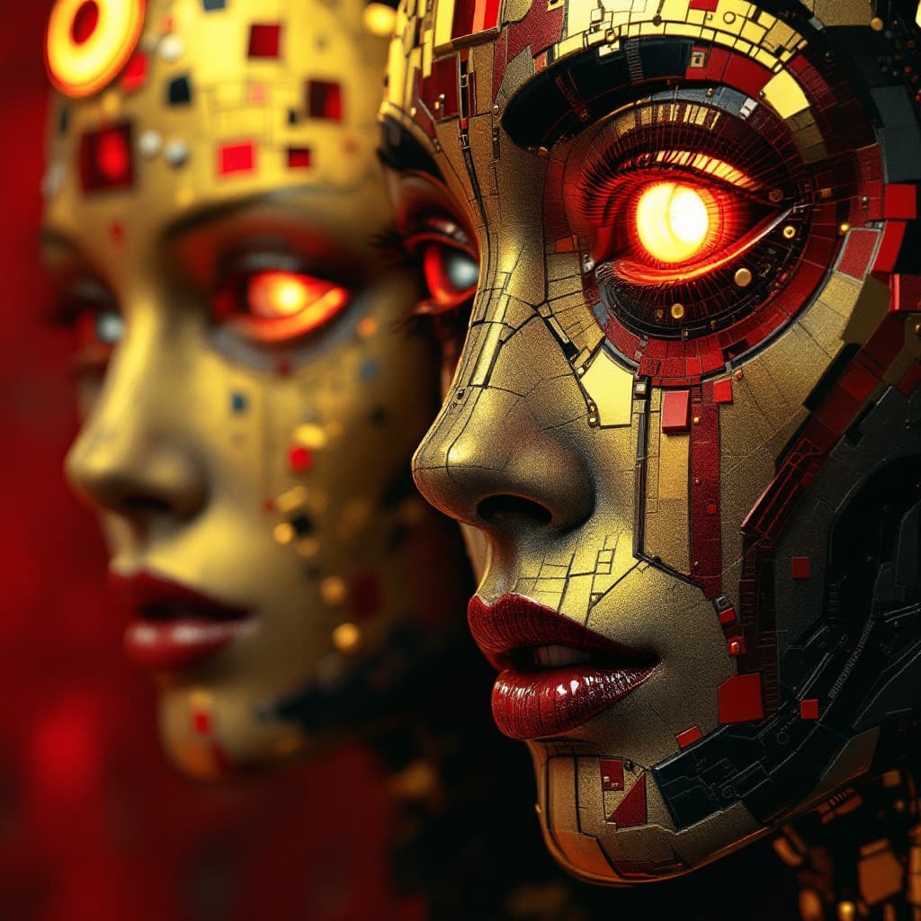 AI generated: robot & men 2 beta 1 3 3 0, in the style of illusory wallpaper portraits, colorful realism, modular,...