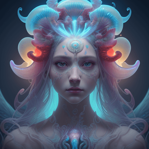 AI generated: Goddess close-up portrait ribcagel. jellyfish phoenix head, nautilus, orchid, skull, betta fish, bio...