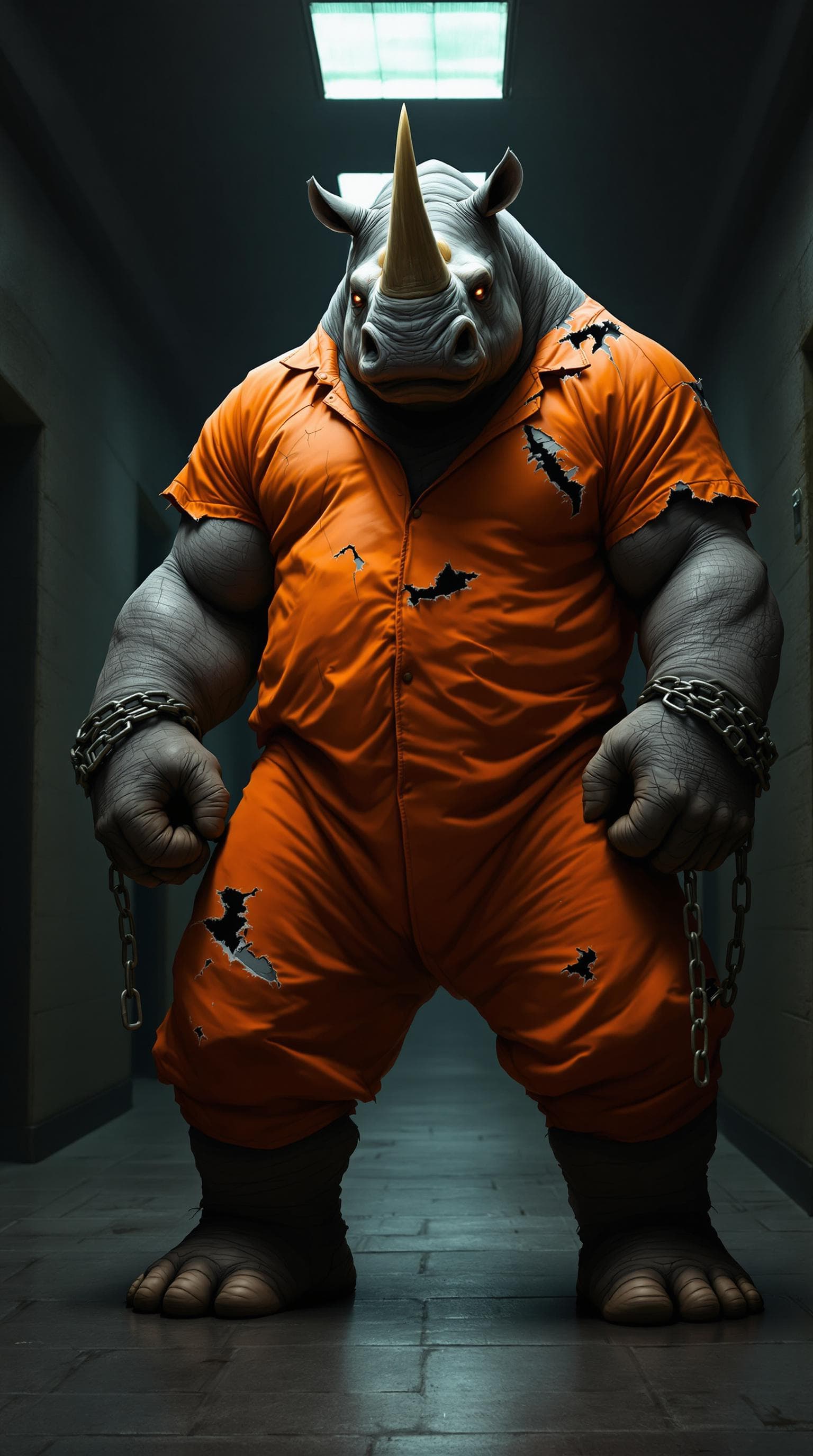 AI generated: A massive, muscular rhinoceros standing on two legs in a dark prison corridor, wearing a torn orange...