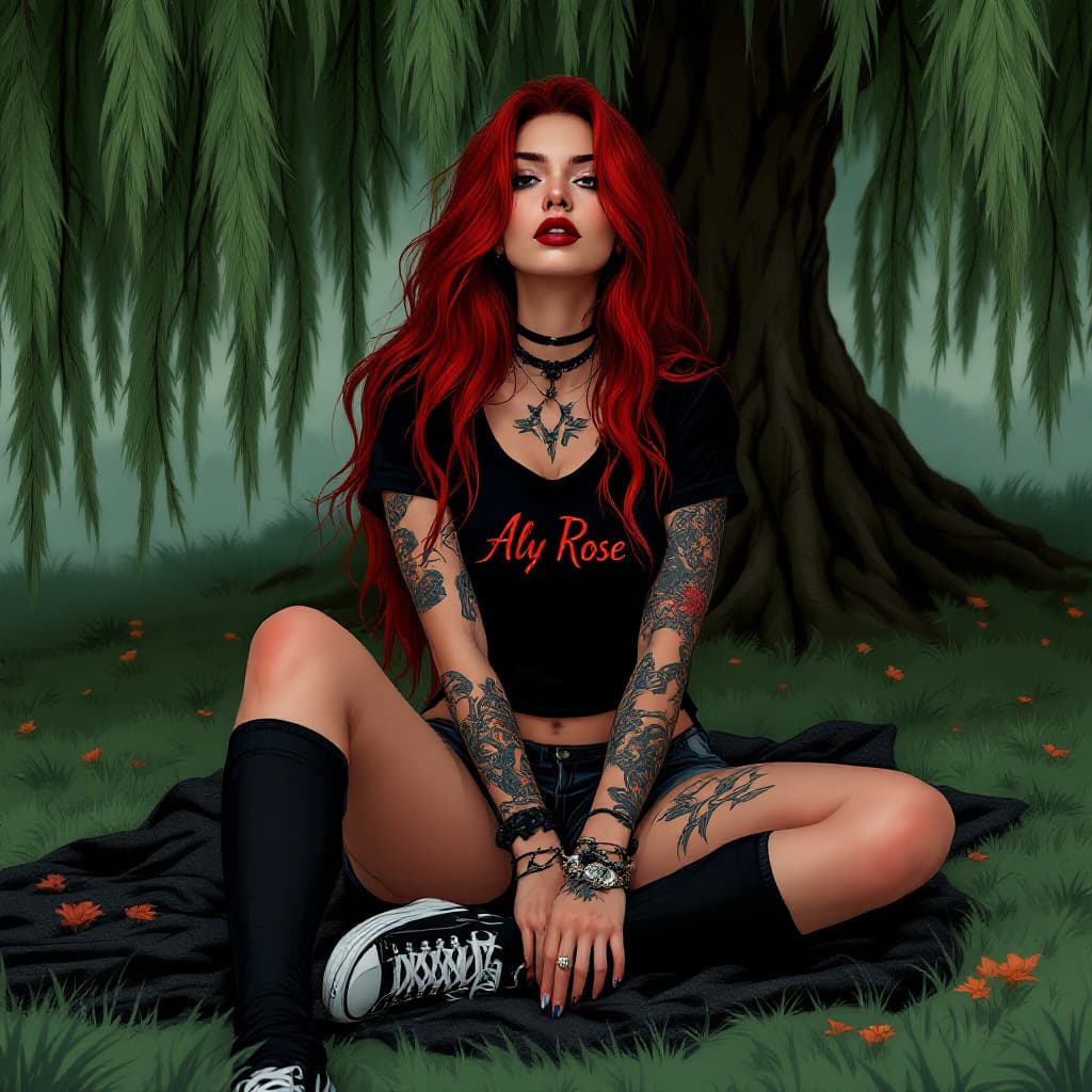 AI generated: A gorgeous 28yr old modern tattooed Caucasian woman, very long cascading professionally styled dark ...