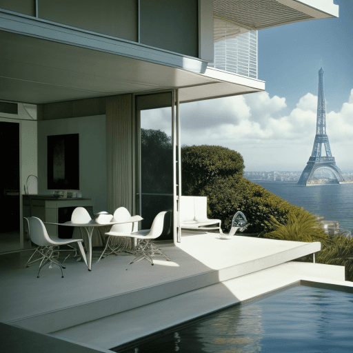 AI generated: Hyper realistic eye level exterior photo of a mid century-modern style house overlooking the ocean w...