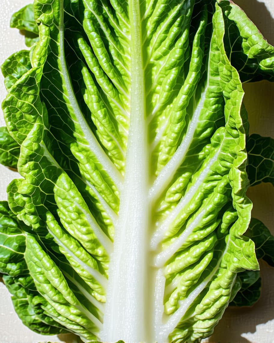AI generated: Fresh romaine lettuce leaf, vibrant green, crisp texture, white central rib, organic produce, high-r...