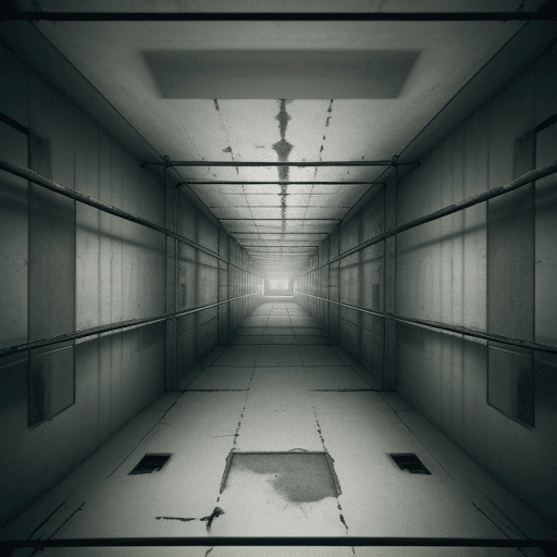 AI generated:  a pov photo of interior of a prison, pessimistic, narrow space, future, clostrofobic,  iron bars, 8...