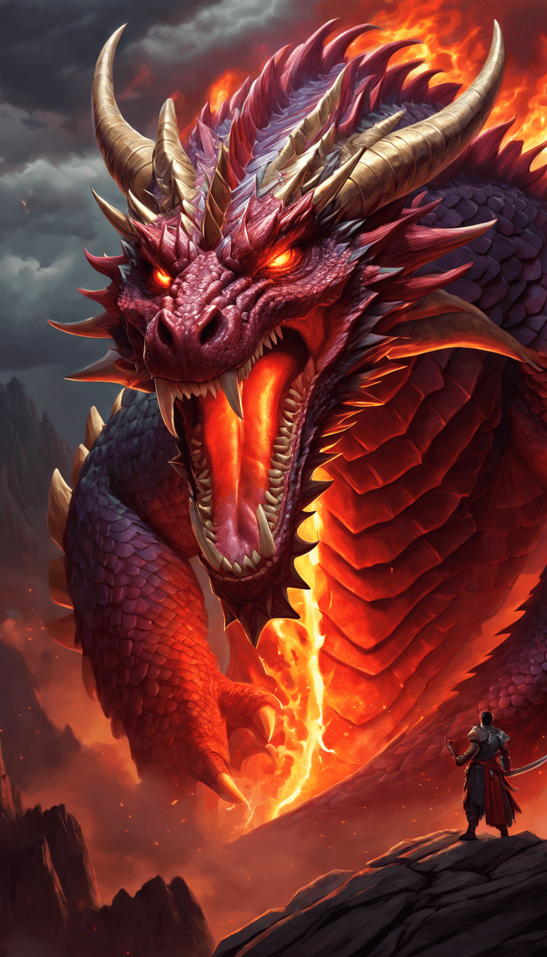 AI generated: The image features a large, fierce dragon with a prominent set of horns, standing on a rocky surface...