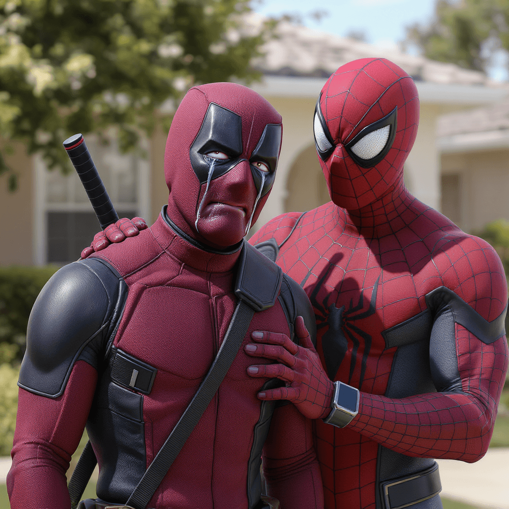 AI generated: A medium shot of a crying Deadpool standing next to Spider-Man in front of a suburban house. Spider-...