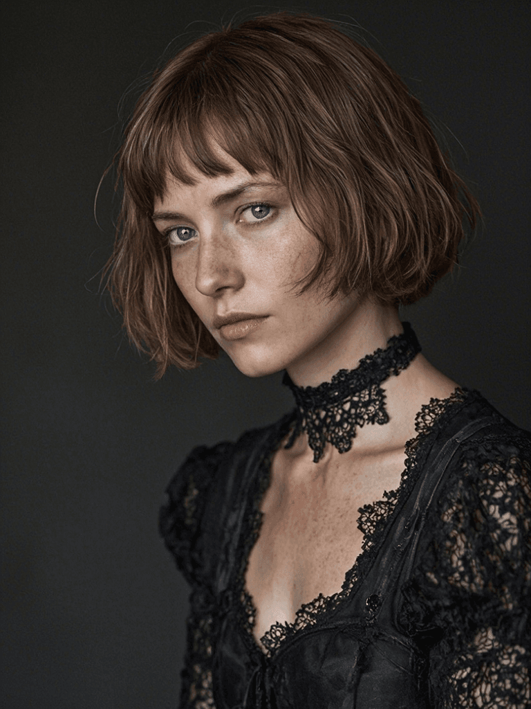 AI generated: Photorealistic portrait of a mature woman with a delicate, angular face featuring soft freckles acro...