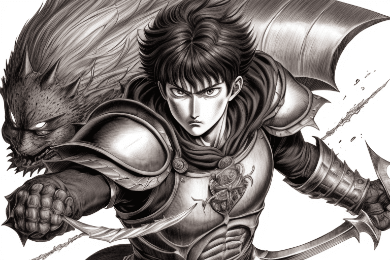 AI generated: monochrome, a man with big eyes, brown hair with tuft, in golden armor, manga, ((without helmet)), b...