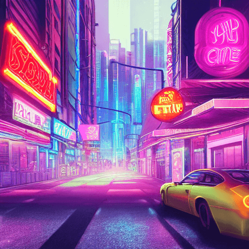 AI generated: a view of a city street with neon lights and neon signs, cinematic neon matte painting, dreamy color...