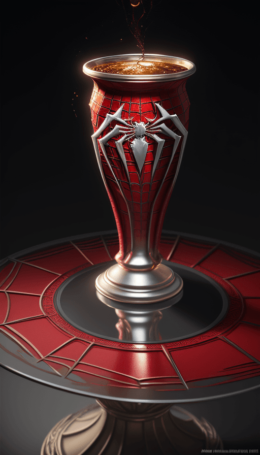 AI generated: Cup on the table with the design and character of Spiderman The Cup is gold and Red dark, no waterma...