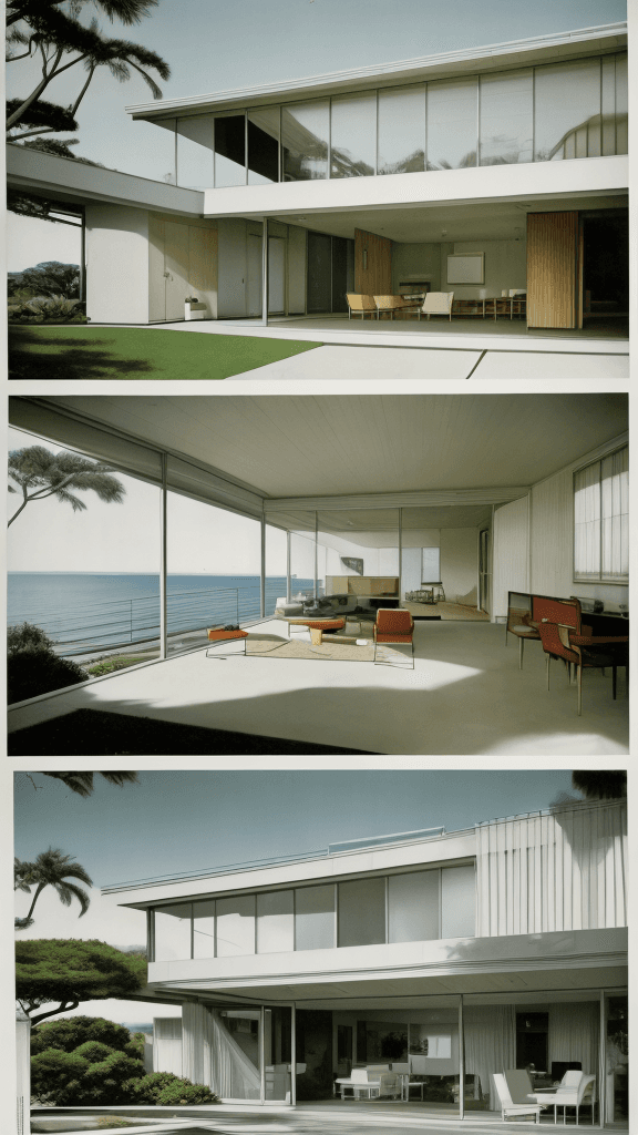 AI generated: Hyper realistic eye level exterior photo of a mid century modern style house overlooking the ocean, ...