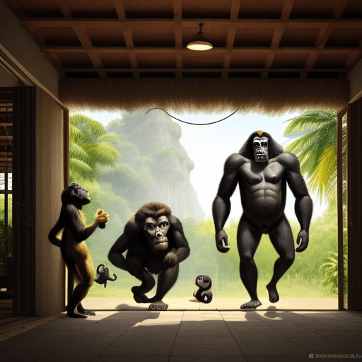 AI generated: The monkey is eating a banana and going towards the house, and there is a gorilla on the right and a...