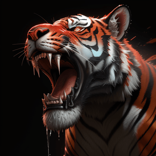 AI generated: ultra photoreal image, 3d octane unreal engine render of a tigerhead roaring and dripping with reds,...