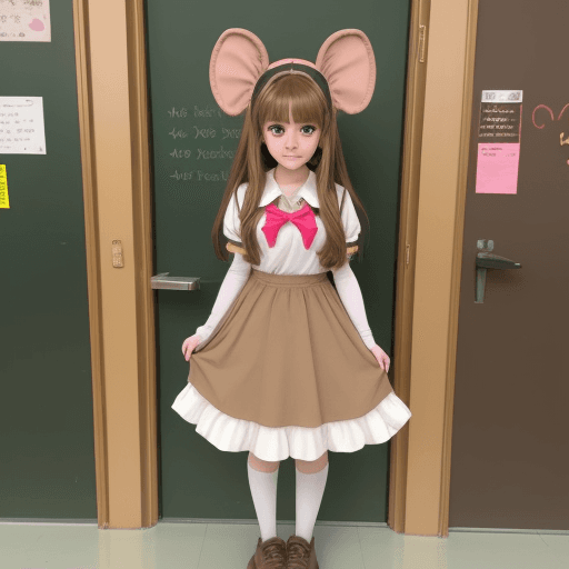 AI generated: a girl dressed as my melody, full body, light brown hair, big green eyes, in a school