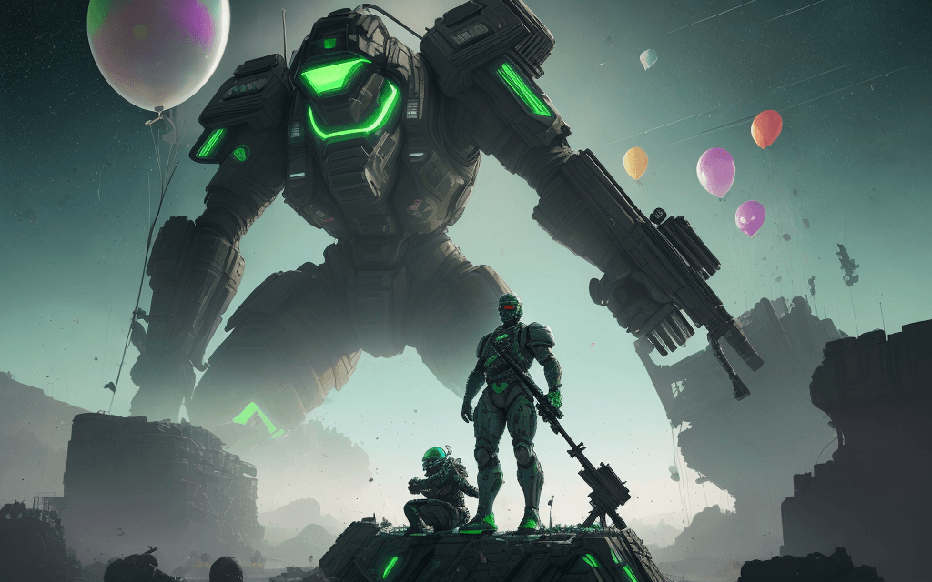 AI generated: brutal man warrior stands and holding a M41A Pulse Rifle in his hands, after the battle, sitting on ...