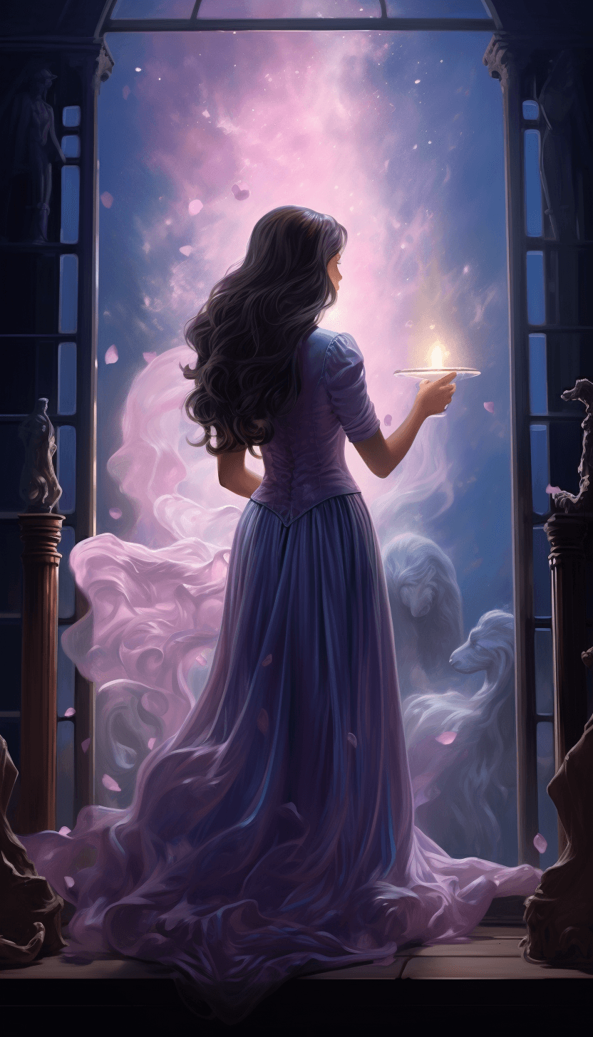 AI generated: A woman with long hair is standing on a nightstand and looking up at a stuffed animal, in the style ...