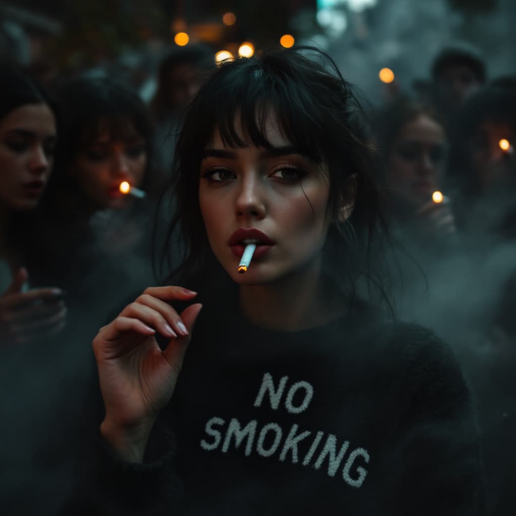 AI generated: photo of a pertty female with cigarette in her mouth,wearing knitted sweater with text "NO SMOKING"....