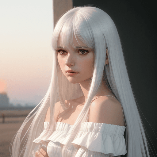 AI generated:  1 lady, solo, realistic face, sunset, beautiful, off shoulder dress, (silver white hair) long strai...
