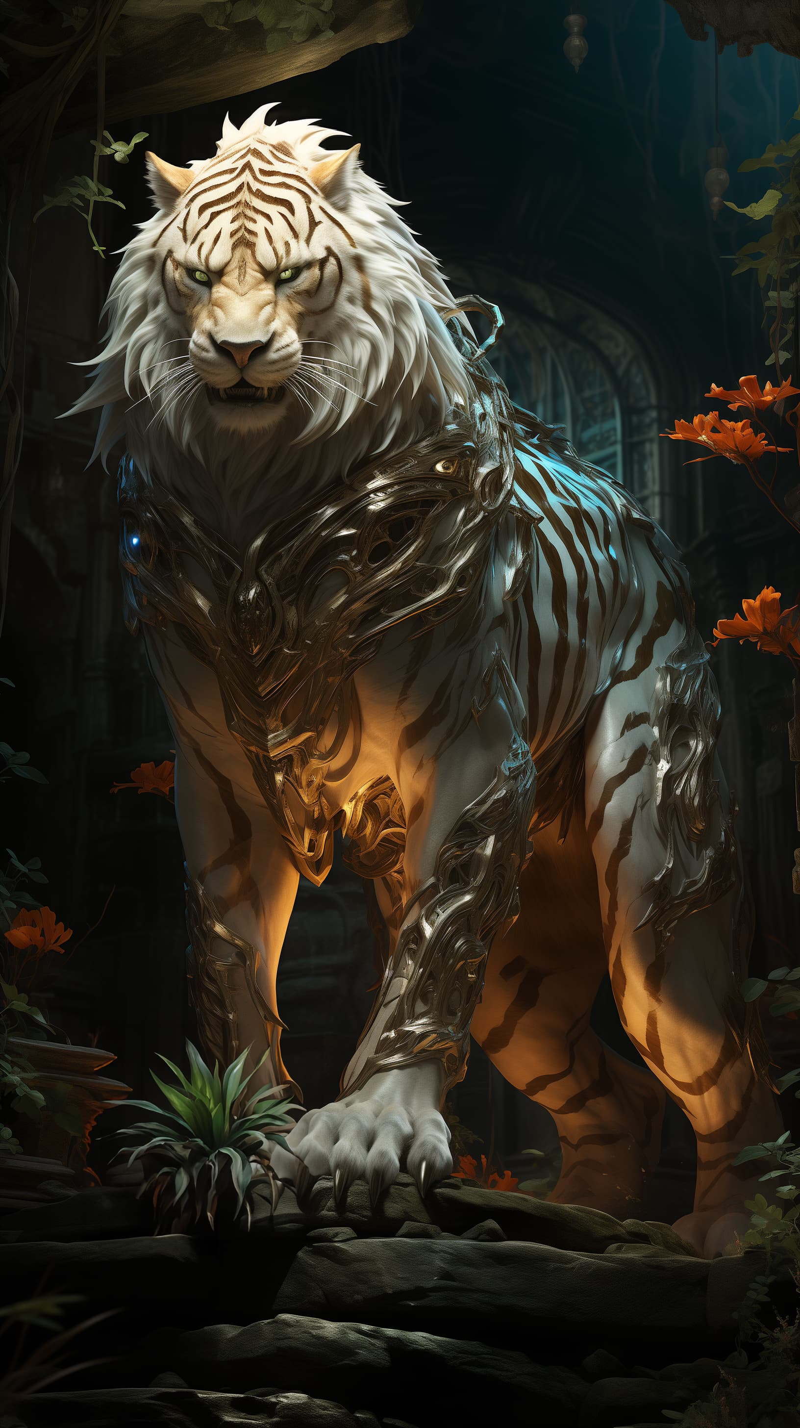 AI generated: fantasy tiger in the jungle, mythical creature, in the style of xiaodi jin, fairy lightining, bright...