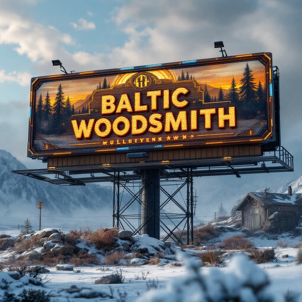 AI generated: Futuristic 
Billboard sign for Baltic Woodsmith! 
4k realistic fantasy, insane details, hyper detail...
