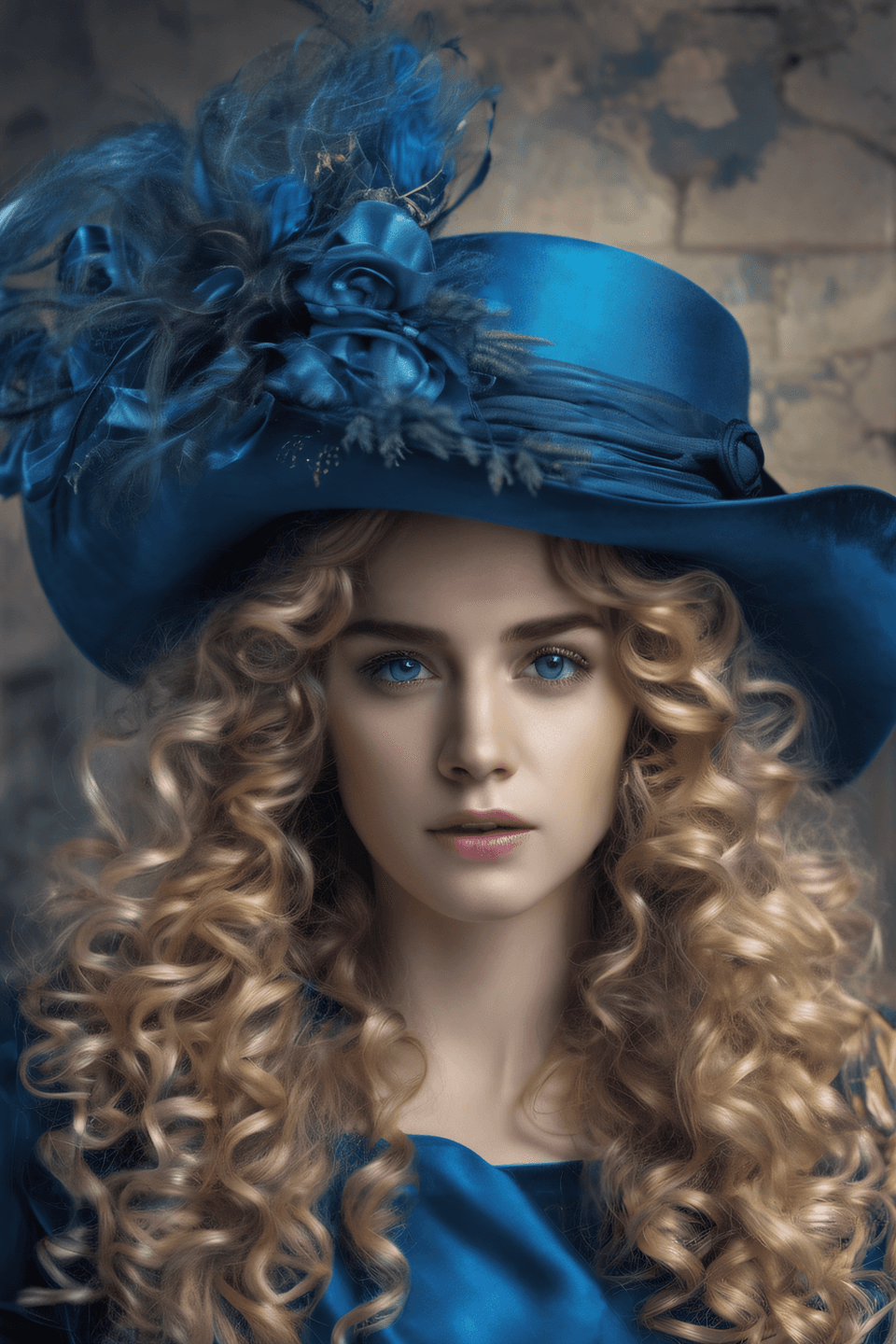 AI generated: Masterpiece, Best Quality,  A beautiful woman dressed in blue, long blonde very curly hair, facial c...