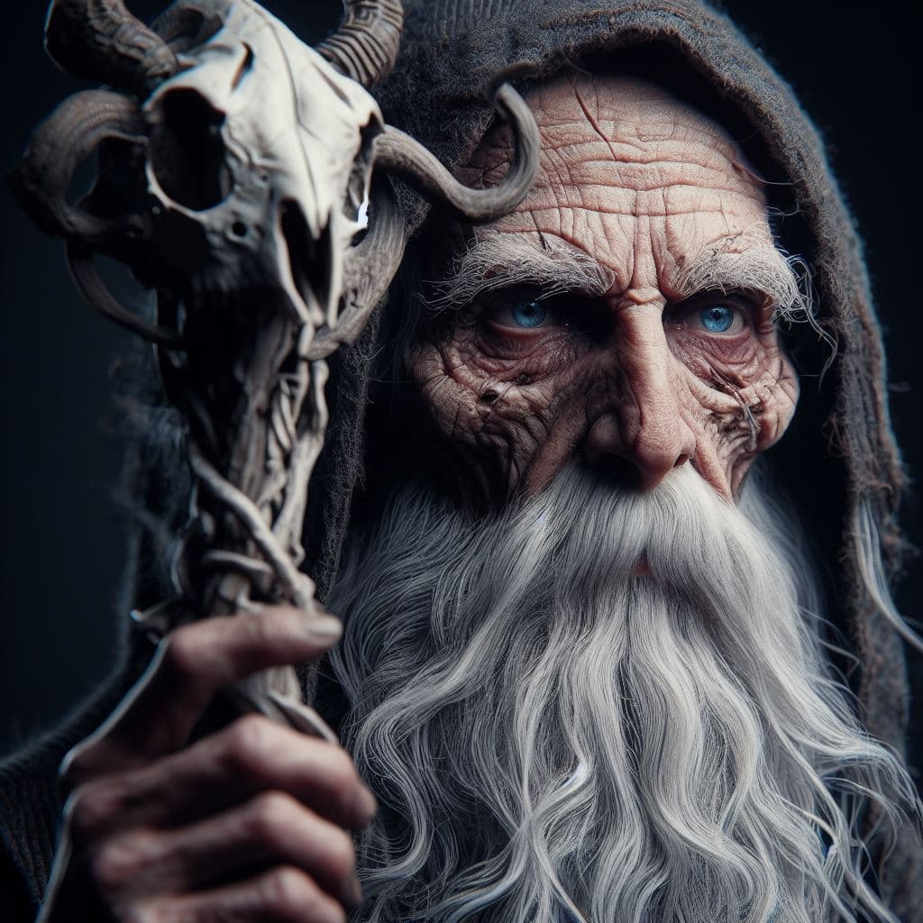 AI generated: Ultra-detailed elderly mage, looking enraded, thin, lined face, long white beard, bald headed, pierc...