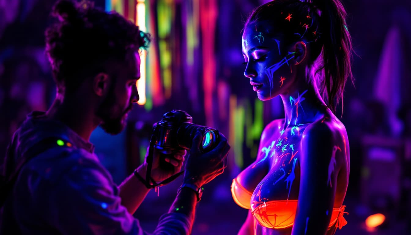 AI generated: A photorealistic scene of a woman in bright neon underwear being painted with bright neon body paint...