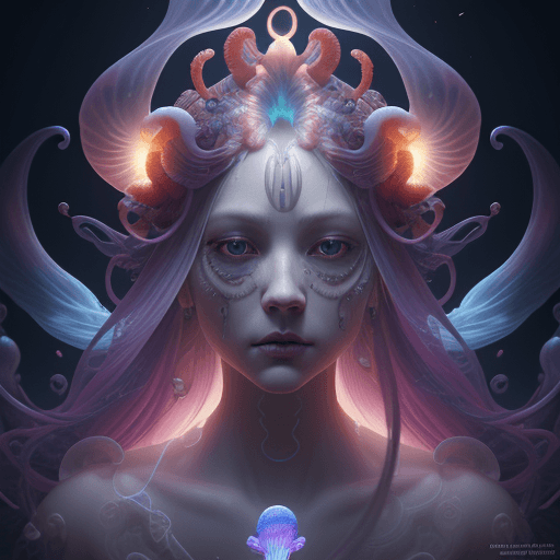 AI generated: Goddess close-up portrait ribcagel. jellyfish phoenix head, nautilus, orchid, skull, betta fish, bio...
