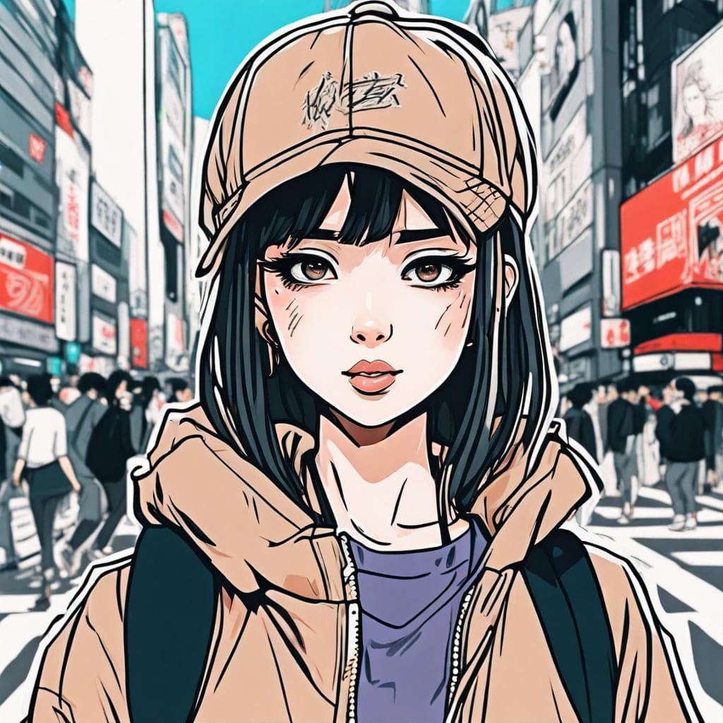 AI generated: girl posing in Shibuya for a photo shoot, detailed anime style face, manga style drawing, highly det...