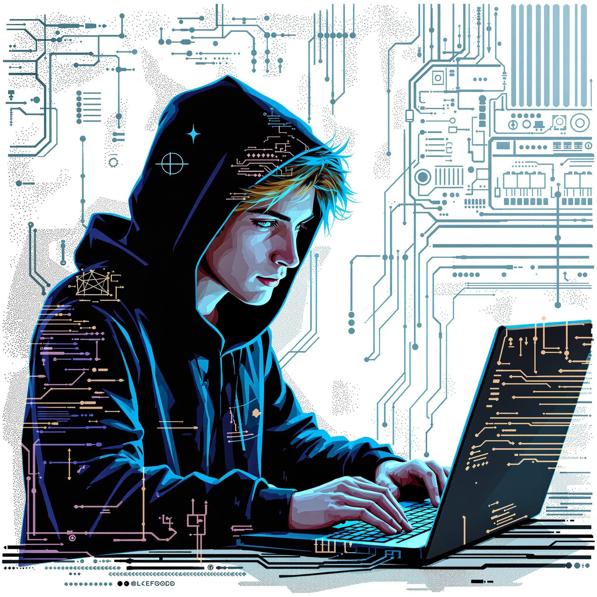AI generated: A young male  blonde, blue eyed hacker using Kali Linux to penetrate an advanced computer system.