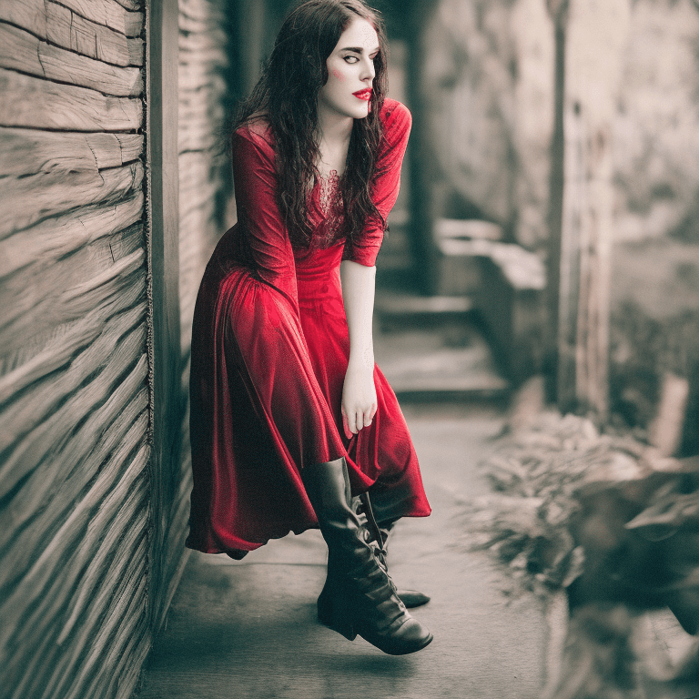 AI generated: [photography], [a perfect female, pale skin, dark hair], clear eyes, wearing red dress and black boo...