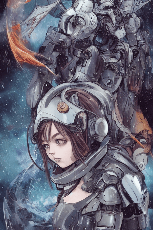 AI generated: <lora:Valerian&Laureline-comic-style:0.5>| girl wearing gundam armor| battle damaged armor| its a da...