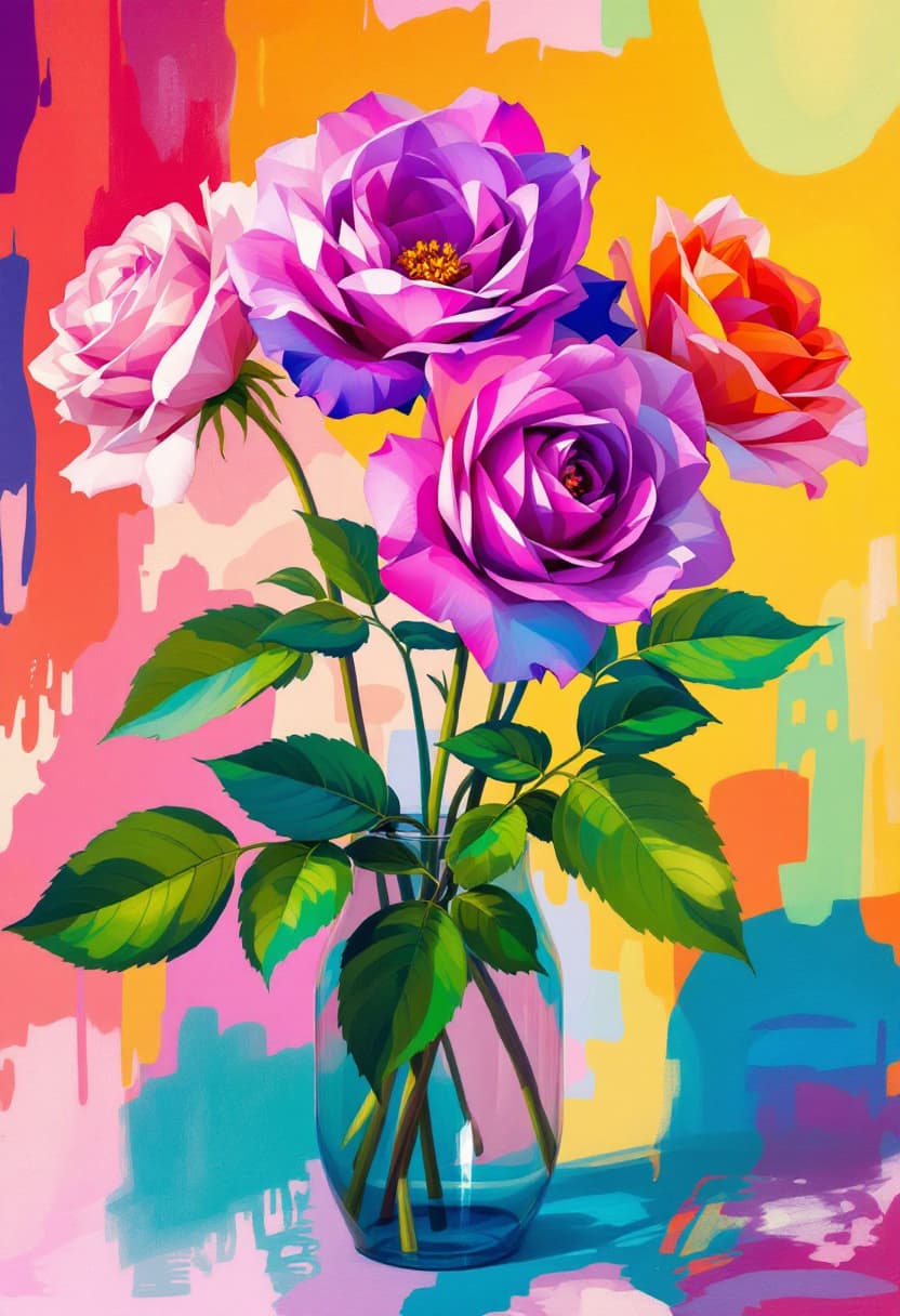 AI generated: Bright Colors, Bright 3D Transparent Arum Roses, With Few Shiny Leaves In A Vase Rainbow background ...