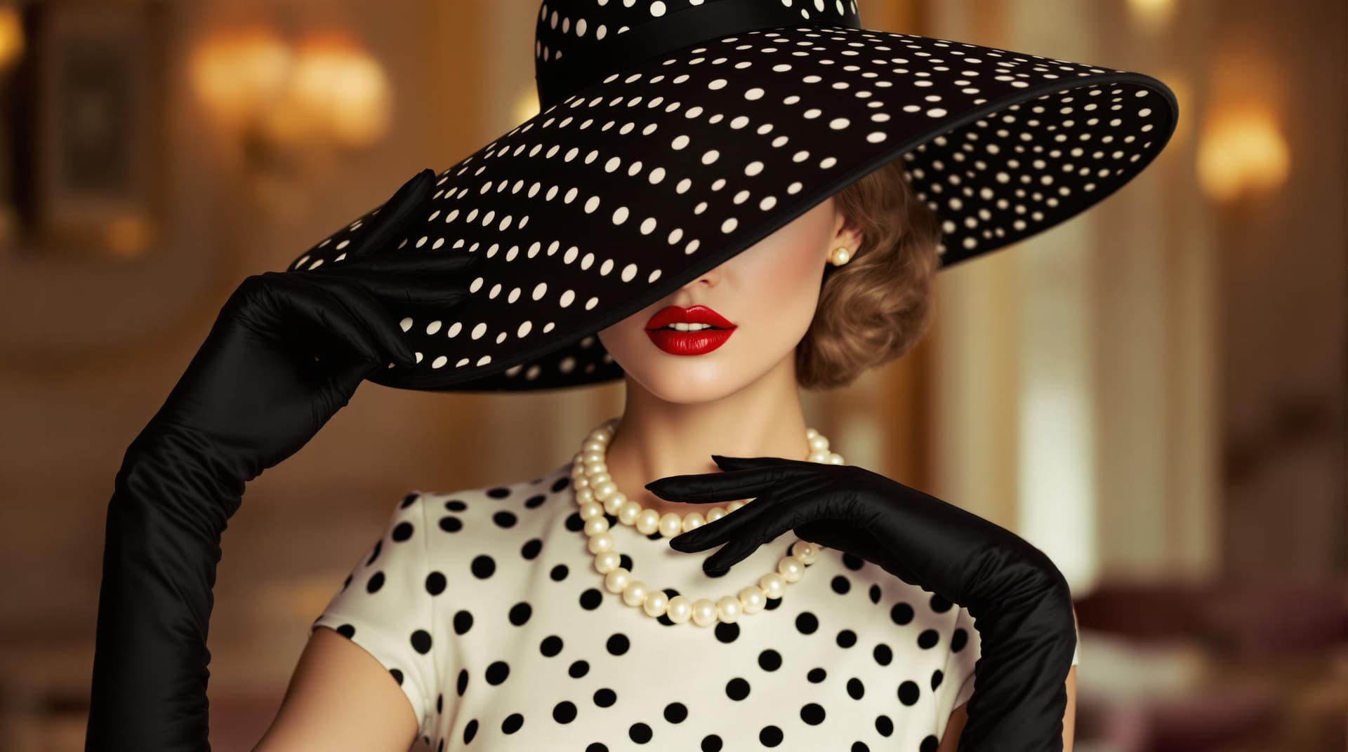 AI generated: A stylish woman exudes vintage glamour, adorned in a sophisticated black and white polka dot dress t...