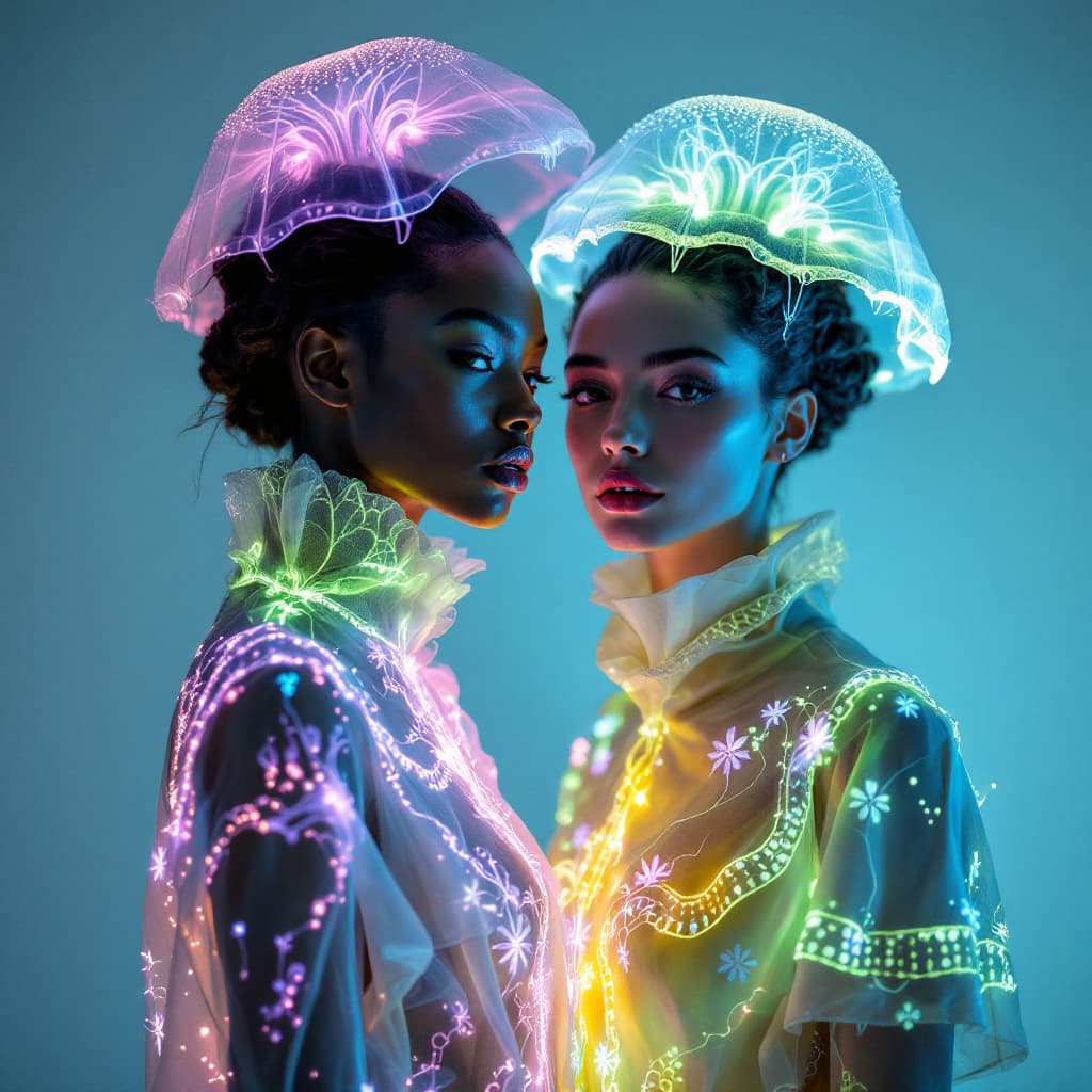 AI generated: A stunning fashion portrait featuring two female,a woman and a woman dressed in striking bioluminesc...