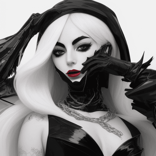 AI generated: Black and white Image, A woman like Lady Gaga, wears a black mask like chains and silver jewelry, wi...