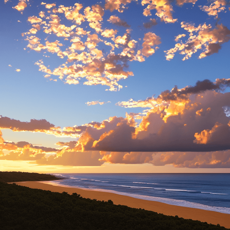 AI generated: photorealistic oil on canvas,
soaring sky, sparse clouds above a beach below,
beautiful setting, eve...