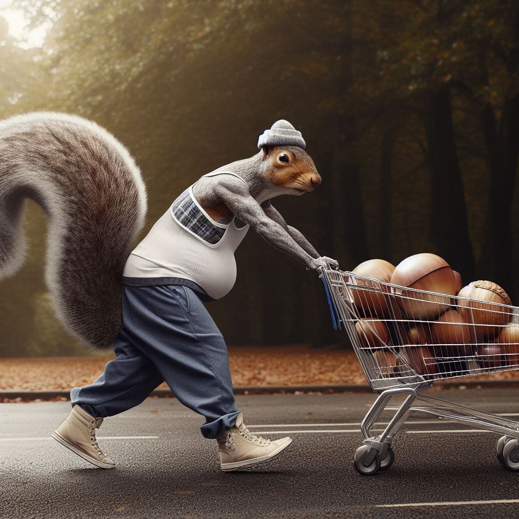 AI generated: (A half human half grey squirrel hybrid) dressed like a chav walking along pushing a shopping trolle...